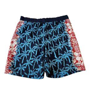 Chaps Hawaiian Swim Drawstring Trunks Mens Size Large Blue Red Floral Palm Tree